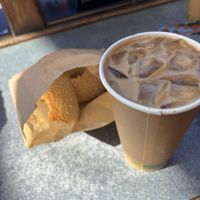 Lavender soy milk latte plus two sesame bagels  at Los Bagels in Arcata