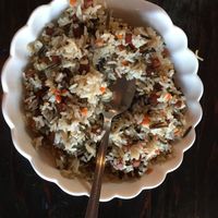 Fried rice with soy ham and veggies  at Panz Veggie Restaurant in Vancouver