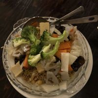 Buddha’s Feast with soft noodles at Panz Veggie Restaurant in Vancouver