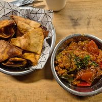 Mahsa'aha dip with bread $13: ok, not much taste, oily, bread was overly crispy fried pita chips at Cairo Takeaway in Newtown