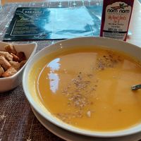 Pumpkin soup with croutons at Nom Nom in Constanta