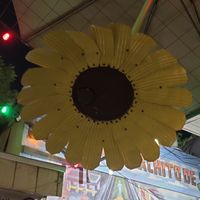 Metal sunflower at night at Tio's Tacos in Riverside