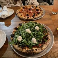 Vegan pepperoni and cherry pizza and arugula and vegan ricotta pizza   at Love & Dough in Brooklyn