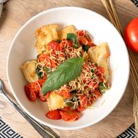 Cashew-Ricotta Ravioli with Tomato Basil Sauce at Eat Plants in Toronto