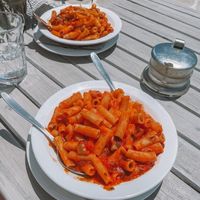 Rigatoni Arrabbiata & Rigatoni Pinocio at Pizza Amici in Thasos