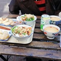 Vegetarian dumplings, ricenoodles, soup and coconut water at Fengsson Dumpling House in Lund