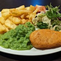Fish, Chips, Mushy peas and salad at Mod's Vegan Cafe at the Thirsty Scholar in Manchester