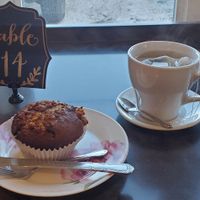 Vegan buckwheat banana muffin and tea at Crema Coffee House & Pastries in Wasilla
