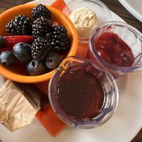 Berries, jam, vegan butter, and syrup for pancakes   at Hen House Eatery in Minneapolis