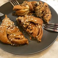 Swedish fika (cut in half) at Kafé Plattan in Stockholm