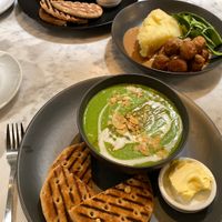 Spinach/pesto soup and Swedish meatballs ( sauce and mashed potatoes) at Kafé Plattan in Stockholm
