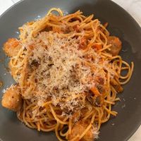 Spaghetti with vegan meatballs, a dish off of the weekly menu! at Kafé Plattan in Stockholm