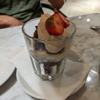 Chocolate brownie with espresso cream at Kafé Plattan in Stockholm