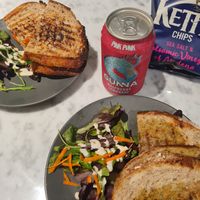 Walnut pesto & tofu banh my sandwich  at Kafé Plattan in Stockholm