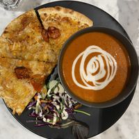 Roasted red pepper soup and pizza (121 kr) #Veganuary at Kafé Plattan in Stockholm