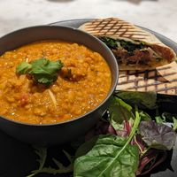 Red lentil soup and Philly cheese steak wrap at Kafé Plattan in Stockholm
