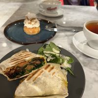 Philly Cheeze steak, semla (cardamom bun with almond paste and cream, earl grey    at Kafé Plattan in Stockholm