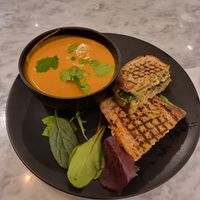 Cream soup and pesto sandwich at Kafé Plattan in Stockholm