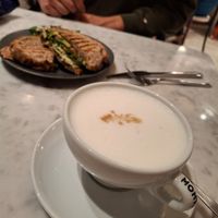 Latte macchiato with potato milk at Kafé Plattan in Stockholm