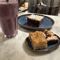 Vegan chocolate cake (kärleksmums in Swedish, couldn’t find a translation lol), apple cake and brownie.  at Kafé Plattan in Stockholm