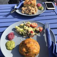 Sweet potato burger & salad (vegan) and salmon fritter with chickpea salad at Select Stores in Dalkey