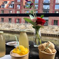 Enjoying ice cream with a nice view  at Calluna Eispatisserie in Lueneburg