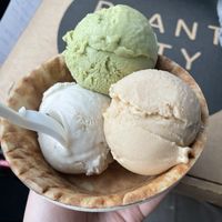 Cookie dough, matcha, and eggnog in a waffle bowl at Like No Udder in Providence