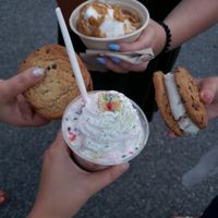 Cookie sandwiches, a pride themed unicorn and vanilla soft serve with caramel and graham crackers at Like No Udder in Providence