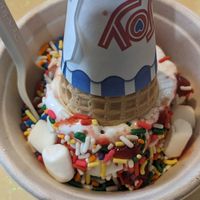 Vanilla soft serve with strawberry sauce, sprinkles and marshmallows at Like No Udder in Providence