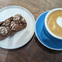Chocolate oat twist (with some sort of Nutella filling) and oatmilk cappuccino at 1 Oz Coffee in Mountain View