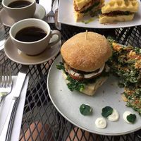 Burger and chipotle bacon waffle sandwich  at Cafe My House in Ottawa