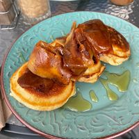 Vegan USA pancakes: Pancakes with syrup and vegan bacon   at The Forest in Oroklini