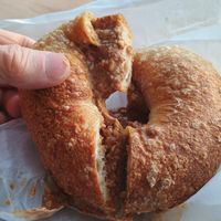 Sea salt bagel with almond butter at Bagelsaurus in Cambridge