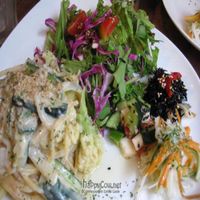 Lunch plate: green salad, cucumber/tomato salad, hijiki salad, pickled veggies, pasta with zucchini and cream sauce at Vegan Cafe - Mondano in Hiroshima