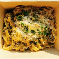 Mushroom and sausage tagliatelle at MILA in Vancouver