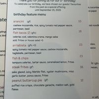 5th Birthday Menu   at MILA in Vancouver