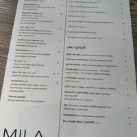 Menu  at MILA in Vancouver