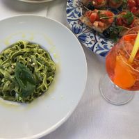 vegan pesto tagliatelle and bruschetta   at Ciro and Sons in Florence