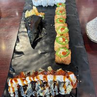F: Monsoon Roll; R: vegan crispy rice roll; L: shrimp hand roll  at Yanagi Sushi in Gilbert