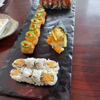 F: Vegan spicy tuna roll; L: Vegan crispy rice roll; R: vegan shrimp hand roll   at Yanagi Sushi in Gilbert
