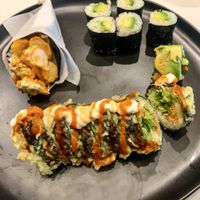 Vegan crunchy spicy “shrimp” hand roll, avocado roll & monsoon roll  at Yanagi Sushi in Gilbert