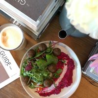 Falafel with beetroot hummus and oat milk latte at MR. CUP in Tula