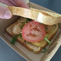 Croque monsieur 'Vegan Love': no chicken chunks by The Vegetarian Butcher, hummus, vegan garlic mayonnaise, tomato, aragula at Cropains in Bruges