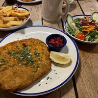 Kohlrabischnitzel with fries and side saladd  at Spezlwirtschaft in Munich
