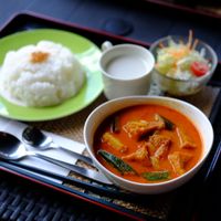 The vegan curry lunch set. It came with a hot coconut milk tapioca dessert which was really tasty! at Jumonji Cafe 十文字カフェ in Kuroishi