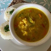 Rich and filling vegan curry with ginger and turmeric. Huge portion as well!  at Albergue Las Hadas in Reliegos