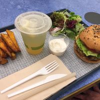 Burger with combo (sweet potato fries, greens and lemonade( at Treehouse in Hong Kong Island