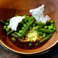 Teriyaki with peas, edamame, beans & tapioca crisp at Hummelbude in Essen