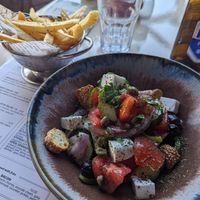 Vegan Greek salad and fries at Istros in Kos