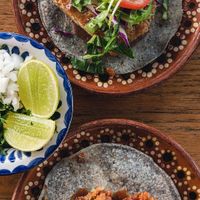Tacos: chickpea cutlet and KFC oyster mushroom fried "chicken" at Plantivoros in Playa Del Carmen